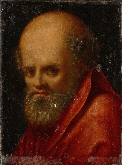 St. Peter or Paul (?), Oil on parchment, mounted on wood, 18 x 13.5 cm, unsigned, Deutscher Meister, 16. Jh., (?)