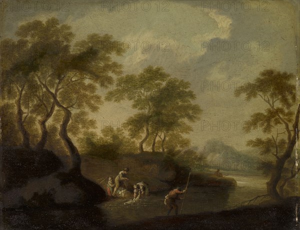 River landscape with washerwomen, oil on oak wood, 25 x 31.5 cm, not marked, Französischer Meister, 18. Jh.