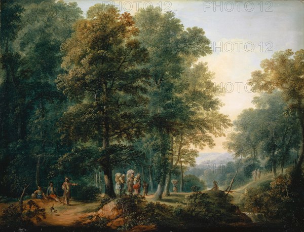 Forest landscape with migrant farmers, oil on fir wood, 23.5 x 31 cm, unsigned, Johann Andreas Herrlein, Münnerstadt 1723–1796 Fulda