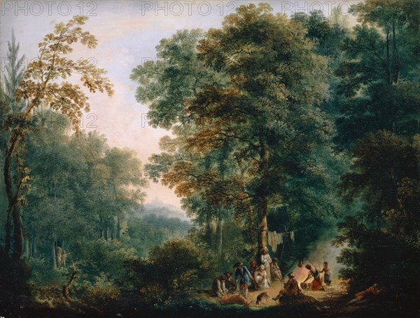Forest landscape with hunters, oil on fir wood, 23.5 x 31 cm, unsigned, Johann Andreas Herrlein, Münnerstadt 1723–1796 Fulda