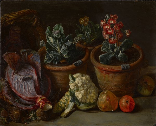 Still life with primroses and vegetables, Image on reverse, oil on copper (printing plate), 20.1 x 24.9 cm, unmarked, Pieter Snyers, Antwerpen 1681–1752 Antwerpen
