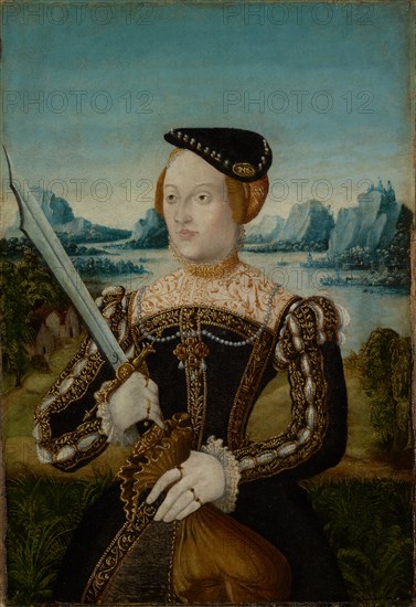 Portrait of a woman as Judith (?), Oil on paper, relined with canvas and mounted on modern wood panel, 42 x 28.5 cm, not marked, Deutscher Meister, 16. Jh.