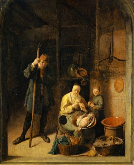 Flute-playing kitchen maid, oil on oak wood, 25.5 x 21 cm, unmarked, Pieter Duyfhuysen, Rotterdam 1608–1677 Rotterdam