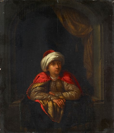 Turk at the Window, Oil on Oak, 21.9 x 18.4 cm, Unmarked, Willem van Mieris, Leiden 1662–1747 Leiden