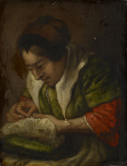 Sewing Woman, Oil on Wood, 20.5 x 16.5 cm, Unmarked, Jan Steen, (Nachahmer / imitator), Leiden 1626–1679 Leiden