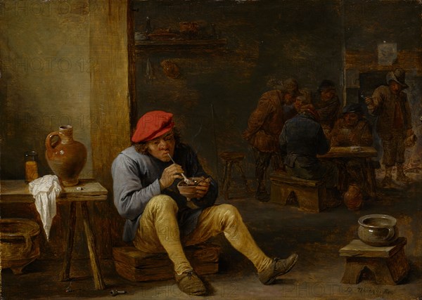 Farmer in a tavern lighting his pipe, oil on oak wood, 24.8 x 34.6 cm, signed lower right: D. TENIERS., FEC, David Teniers d. J., Antwerpen 1610–1690 Brüssel