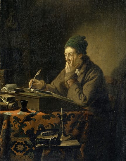 Scholar at the desk, 1752, oil on oak wood, 29.5 x 24 cm, signed and dated on the dark paper sheet behind the standing folio directly above and beside it: Juncker fecit, 1752 [today only traces of it are recognizable], Justus Juncker, Mainz 1703–1767 Frankfurt a. M.