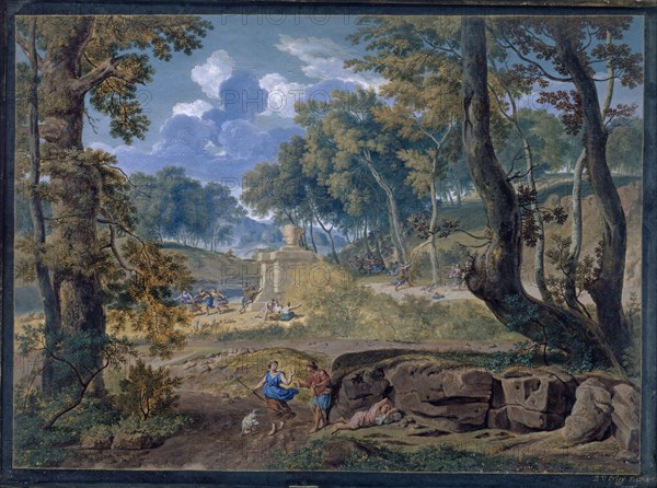 Arcadian Landscape, 1702, gouache on parchment, 13 x 26 cm, signed and dated lower right on the painted black framing: R.V., Orley, ., Fecit 1702., Richard van Orley, Brüssel 1663–1732 Brüssel