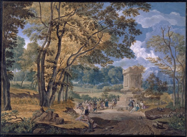 Arcadian Landscape, 1702, gouache on parchment, 13 x 26 cm, signed and dated lower left in gold on the painted black framing: R. V. Orley., Fecit 1702., Richard van Orley, Brüssel 1663–1732 Brüssel