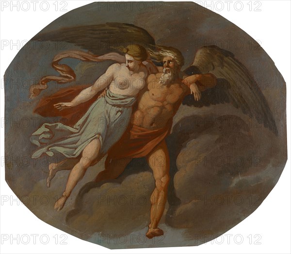 Allegory of the time, abducting the truth (or beauty?), Oil on paper, 21 x 24 cm, unmarked, Deutscher Meister, 18. Jh.