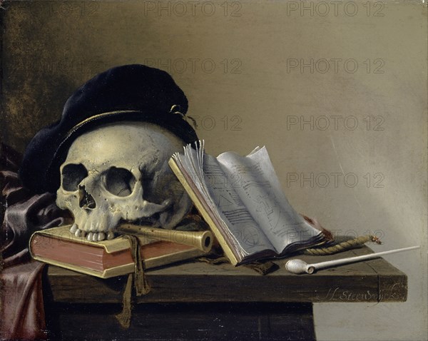 Still Life with Skull, Books, Flute and Whistle, 1632-1660, oil on oak wood, 20 x 26 cm, Signed on the tabletop on the right: H. Steenwijck, Harmen Steenwyck, Delft 1612– nach 1656