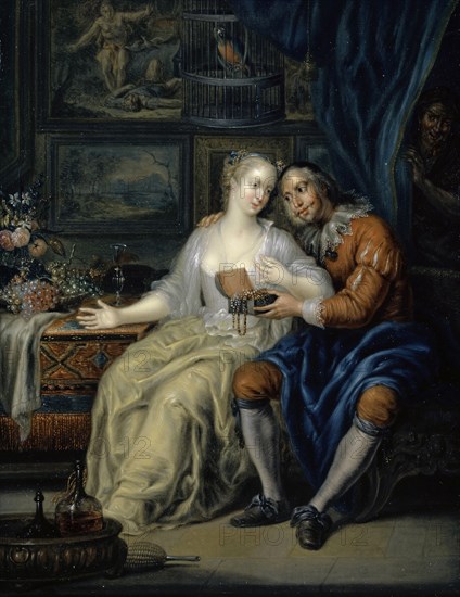 Loving couple with a maid, oil on copper, 28 x 21.5 cm, unsigned, Johann Georg Platzer, St. Michael in Eppan 1704–1761 St. Michael in Eppan