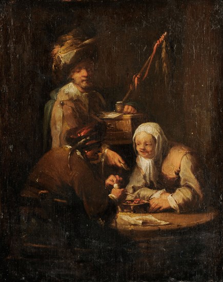The rat poison vendor, oil on panel, 21.7 x 17.4 cm, unmarked, Johann Georg Trautmann, Zweibrücken 1713–1769 Frankfurt a. M.