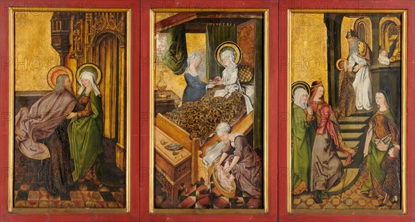 Joachim and Anna at the Golden Gate, Birth of Mary, Tempelgang Mariens, 1503, Mixed media on fir wood, 52 x 31.5 cm (each panel), Not marked., On the pedestal of the sculpture at the Golden Gate: ABRA HAM, on the walls in the midst of meaningless combinations of letters repeatedly fragments of text, as in the cloak of Joachim: VM • THE • WILEN, the Anna in front of the Golden Gate: GAN • ZV [O] •, MIR • GOT • WILKVM, Ambrosius Skeit, wahrscheinlich tätig um 1500 in Schwaben