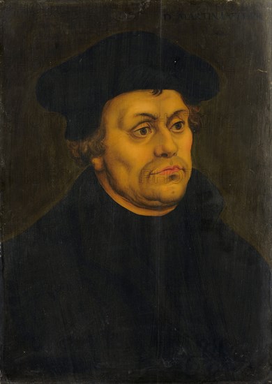 Portrait of Martin Luther, oil on panel, 49 x 34 cm, inscribed on the top right in black with a very coarsened serpent sign beneath the inscription: D., MARTIN., LVTHER, Lucas Cranach d. Ä., (Nachahmer / imitator), Kronach 1472–1553 Weimar