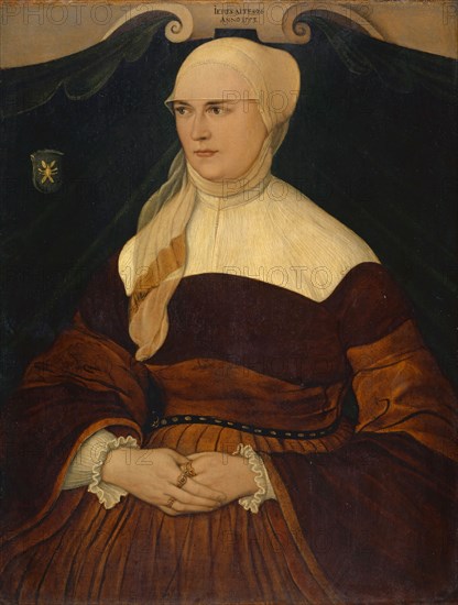 Portrait of Anna Hungerl, wife of the Munich councilor Joseph Schowinger von Wyl (?), 1553, oil on maple wood (?), 55.5 x 42.5 cm, Not specified, but dated in the scrolled cartouche: IERES ALTES [sic!] • 26 • /, ANNO 1553, Hans Mielich, (Art (?) / style of (?)), München 1516–1573 München