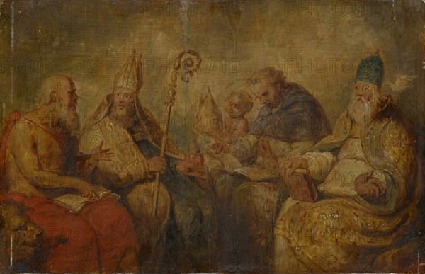 The Four Latin Fathers of the Church, oil on panel, 25.5 x 39 cm, unsigned, Jacob Jordaens (1), (Schule / school), Antwerpen 1593–1678 Antwerpen