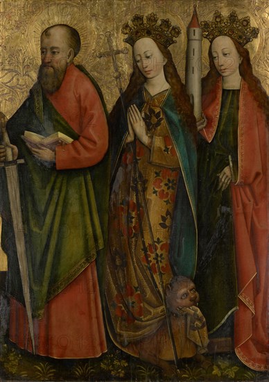 The hll., Paulus, Margaretha and Barbara, c. 1470/80, mixed media on wood, 124 x 88 cm, unsigned, Elsässischer Meister, 15. Jh.