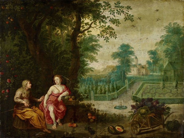 Vertumnus and Pomona, oil on copper, 55 x 73 cm, inscribed on the reverse with illegible ligated artist monogram, Pieter van Avont, (Art / style of), Mecheln 1600–1652 Deurne b. Antwerpen