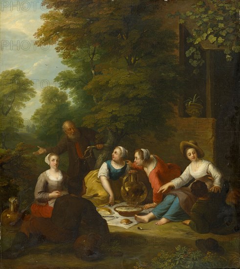 Meal outdoors, oil on panel, 58 x 51 cm, signed lower left: MiRiS F, Jan van Mieris, Leiden 1660–1690 Rom