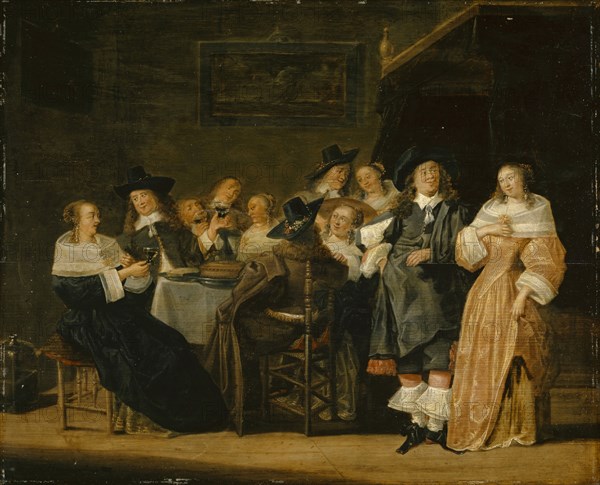 Society at table, oil on panel, 45 x 55 cm, Not specified, Palamedes Palamedesz. (I), (?), 1607–1638