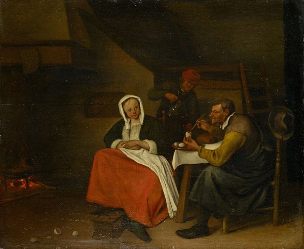 Farmer eating eggs, oil on panel, 39.5 x 48 cm, Signed lower middle on the foot warmer: JSteen [JS ligated], Jan Steen, Leiden 1626–1679 Leiden