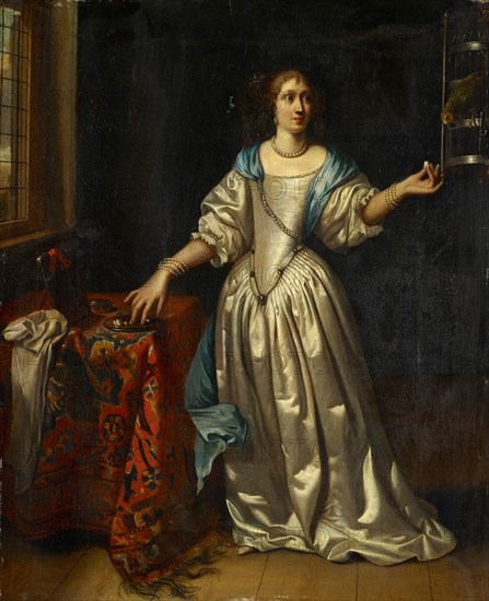 Lady with parrot, oil on oak wood, 40 x 32.2 cm, On the windowsill left an illegible signature., Reinier de la Haye, (zugeschrieben / attributed to), Den Haag um 1640– nach 1684 Antwerpen?