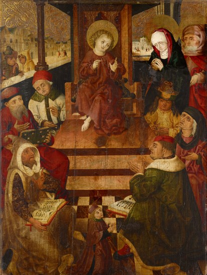 The twelve-year-old Jesus in the temple with a kneeling benefactor, c. 1460/1470, mixed media on wood, 115 x 85 cm, unmarked, Hans Pleydenwurff, (Umkreis / circle), Bamberg (?) um 1425–1472 Nürnberg