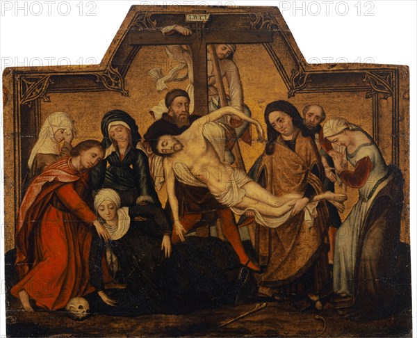 Descent from the Cross, 16th C., oil on oakwood, 40 x 33 cm, unmarked., Crosstitulus: i n r i, Marcellus Coffermans, (Werkstatt / workshop), 1530–1578, Rogier van der Weyden, (Kopie nach / copy after), Tournai 1399/1400–1464 Brüssel