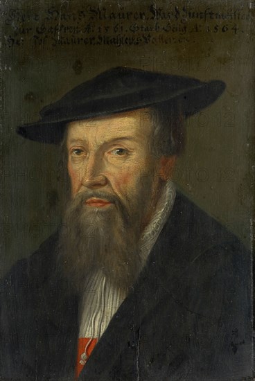Portrait of Hans Murer, c. 1580-1620, oil on panel, 27.5 x 19 cm, unsigned., Above: Mr. Hans Maurer., Ward zunftmeister, Saffren A °., 1561. Died Blessed A. ° 1564., Hr: Jos Maurer, Mahler's Vatter., [illegible: etc.?], Christoph Murer, (zugeschrieben / attributed to), Zürich 1558–1614 Winterthur