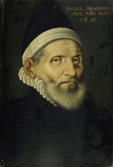 Portrait of the medical professor Wilhelm Aragosius from Toulouse, 1610 (?), Oil on panel, 38.5 x 26.5 cm, unsigned., Top right: GVLIEL., ARAGOSIVES., AET., AN, [N], O, ., XCVII., 1610., Hans Bock d. Ä., (?), Zabern/Elsass um 1550/52–1624 Basel