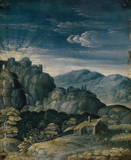 Landscape at sunrise, oil on copper, 18 x 14.6 cm, unsigned, Matthäus Merian d. Ä., (?), Basel 1593–1650 Bad Schwalbach