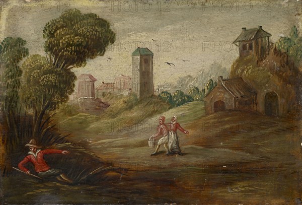 Landscape with staffage, oil on panel, 14 x 20.5 cm, unsigned, Süddeutscher (Schweizerischer) Meister, um 1600, (?), Niederländischer Meister um 1600, (alternative Zuschreibung / alternative attribution)