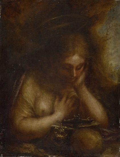 Pending Magdalena, 17th Century (?), Oil on copper, 16.9 x 13.4 cm, Unmarked, Italienischer Meister, 17. Jh.