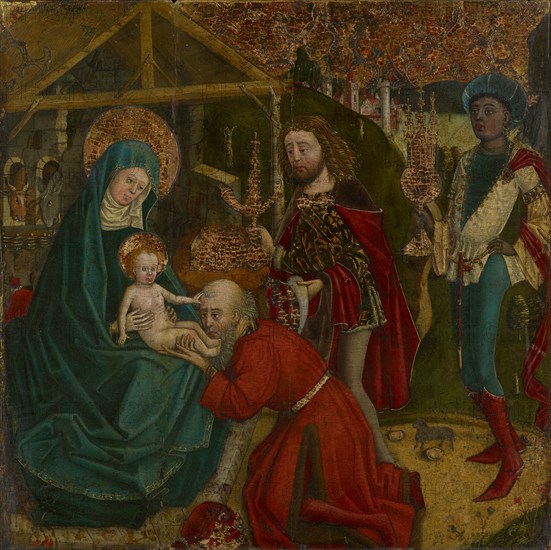 The Adoration of the Magi, mixed media on canvas covered with softwood, 59.5 x 61.5 cm, not specified, Anonym, Süddeutschland, 15. Jh.