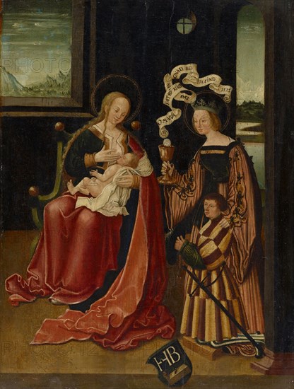 Madonna lactans with from the hl., Barbara recommended donor, 1515, oil on fir wood, 59 x 45.5 cm, Unmarked, but dated on the tape: O MARIA PIT • DEY [N] [ligated] • CHILD THE HE GNAD BEY IN FIND 1515, at the feet of the founder Coat of arms: In blue, the white letters HB above a natural-colored planer, Alpenländischer Meister, 16. Jh.