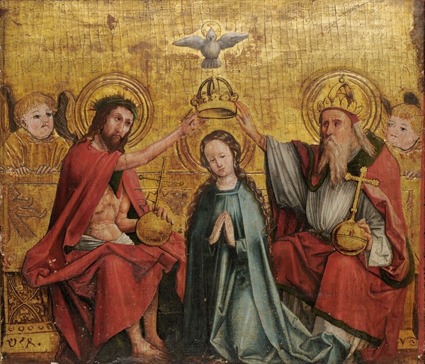 Coronation of the Virgin Mary, early 16th century, mixed technique on coniferous wood, 51 x 58 cm, not marked (?)., On the base plate of the throne bench in the lower left in dark red color Fantasy Hebrew, on the right possibly the letters VS, Oberrheinischer Meister, 16. Jh.