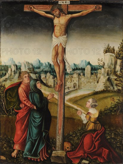 Christ on the cross between the two Maries and John Ev., Oil on linden wood, 50 x 39 cm, unsigned., Crosstitulus I • N • R • I, Ostdeutscher Meister, 16. Jh.