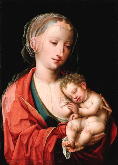 Madonna lactans with sleeping child, oil on oak, 38.5 x 28 cm, unsigned, Meister mit dem Papagei, 16. Jh.