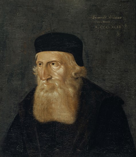 Portrait of John Wyclif, before 1591, oil on paper (or parchment?), Mounted on a wooden panel covered with canvas, 41 x 35.5 cm, not marked, but dated upper right: JOHANNES WICKLEF, Anno Domini, M CCC X CIII, Hans Bock d. Ä., (?), Zabern/Elsass um 1550/52–1624 Basel
