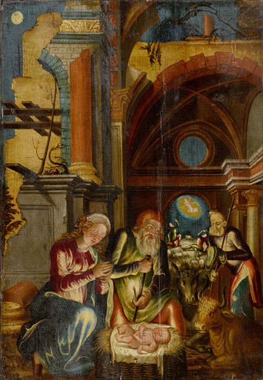 The Nativity, 1562, oil on fir wood, 63 x 43.5 cm, Signed and dated on the pedestal to the left of Mary: • I • HKLVBER • 1562 •, Hans Hug Kluber, Basel 1535/36–1578 Basel
