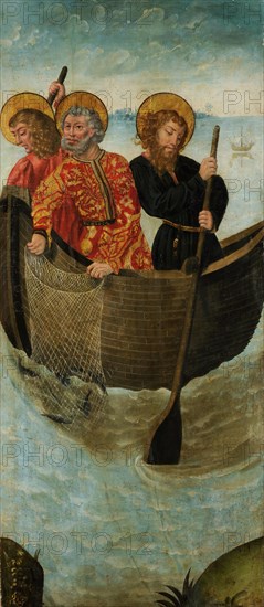 The wonderful fish train of the Apostles Peter, James and John, c. 1460, mixed media on wood, 114 x 51 cm, not marked, Oberrheinischer Meister, 15. Jh., (?)