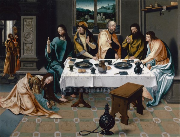 Christ in the house of Simon, 1530, oil on oak, 71.8 x 93.9 cm, dating on the pillar base left: 1530, Jan van Dornicke, (Werkstatt (?) / workshop (?)), Antwerpen um 1470 – um 1527 Antwerpen