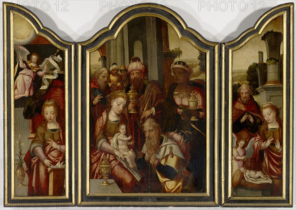 Adoration of the Magi (middle panel), Annunciation (left wing), Nativity (right wing), 2nd quarter of the 16th century, oil on panel, 88 x 57 cm (center panel) |, 88 x 25 cm (wing), Not specified., On the angel's writing: AV [E] GRACI [A], DO [MINUS], M [V] L [IE] RIBV [S], Flämischer Meister, 16. Jh.
