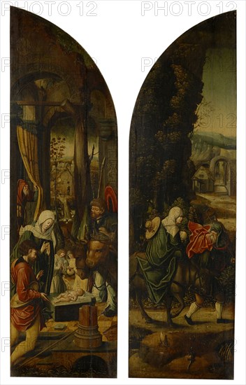 Adoration of the shepherds and flight to Egypt (inside pages), Annunciation (Exterior), 2nd quarter of the 16th century, oil on panel, 74 x 22 cm (wing), not marked., On the angel's writing: Ave gratia plena dominus, Flämischer Meister, 16. Jh.