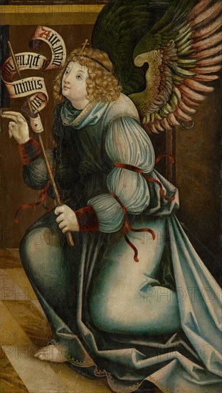 The Angel of the Annunciation to Mary, c. 1510, mixed media on fir wood, 86.5 x 50 cm, unsigned., On the tape: Ave graci-, a plena do-, minus tecum •, Oberrheinischer Meister, 16. Jh.