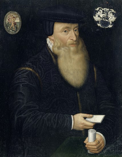 Portrait of Johannes Oporinus, c. 1580-1587, oil on panel, 65.5 x 52.5 cm, unsigned., Labeled top left: ANNO DOMINI 1567 MENSE SEPTEMBRI, ÆTATIS SUÆ PROPE .60 ., in between the printer's signature (medallion with Arion with fiddle, which travels on a dolphin, sea serpent across the sea) with the inscription: ARION., FATA VIAM INVENIVNT., INVIA VIRTVTI NVLLA EST VIA, Hans Bock d. Ä., (?), Zabern/Elsass um 1550/52–1624 Basel