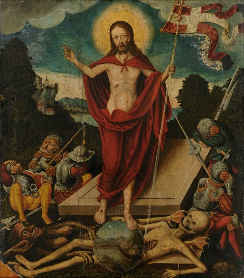 The Resurrection of Christ and the Rise of the Risen One on Death and the Devil, 1537, oil on panel, 64 x 57 cm, Unmarked, but dated in red on the front edge of the grave plate: 1537 •, Lucas Cranach d. Ä., (Schule / school), Kronach 1472–1553 Weimar