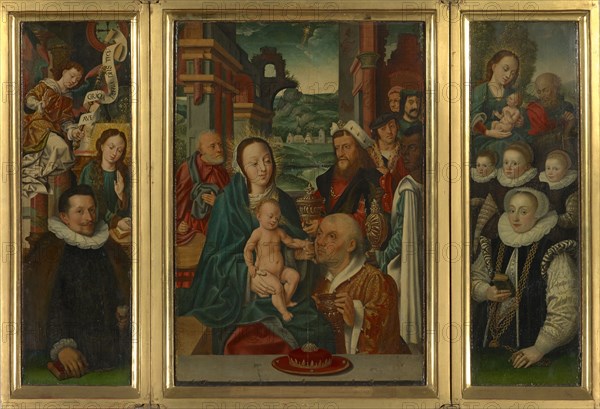 Adoration of the Magi (middle panel), Annunciation with donor, flight to Egypt with donor figures (wing inside), hl, ., Georg, hl., Christophorus (outer sides of wing), around 1525/30 and additions at the end of the 16th, beginning of the 17th century, oil on oak, 73 x 50 cm (center panel) |, 71 x 21 cm (wings), Not specified, Bartholomäus Bruyn d. Ä., Niederrhein 1493–1555 Köln, Geldorp Gortzius, Löwen 1553–1616 Köln