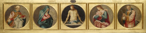 Five circular pictures: hl., Nicholas of Myra, Mary, Christ, John the Evangelist, hl., Laurentius, tempera on wood, 15 x 15 cm (each round picture), not marked, Franciabigio (Francesco di Cristofano di Giudicis), Florenz 1484–1525 Florenz